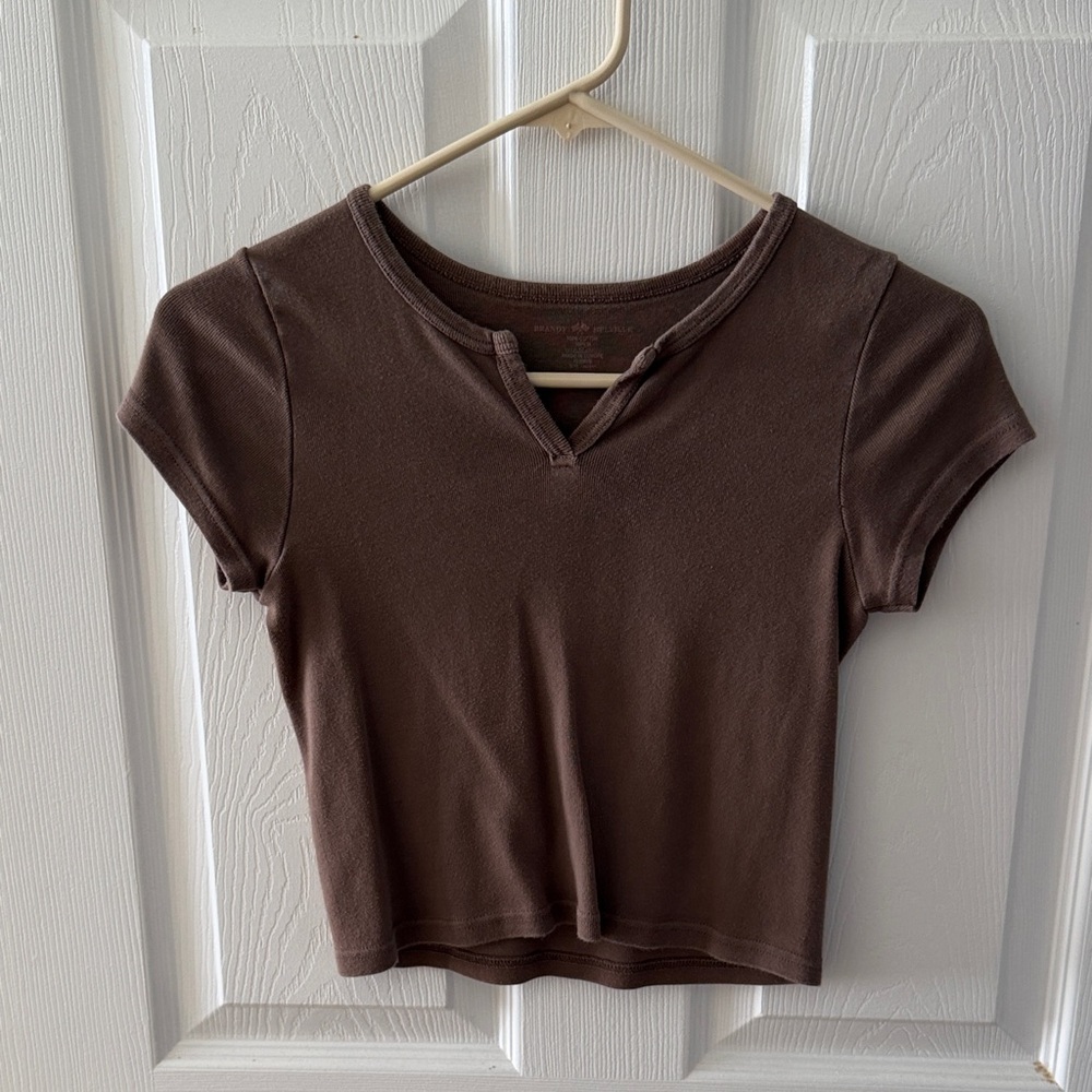 Brandy Melville Brown Short Sleeve Notch Crop Top